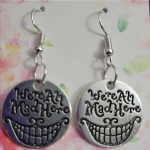 "We're All Mad Here" Earrings Cheshire Cat Smiling From Alice in Wonderland